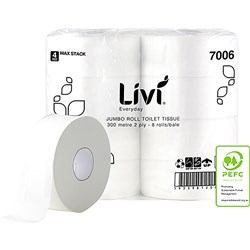 Livi Basics Toilet Paper Rolls 2 Ply Jumbo Roll 300m Pack of 8