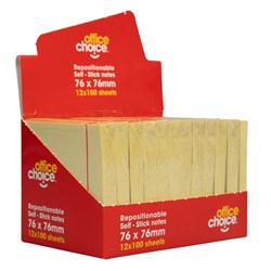 Office Choice Repositionable Sticky Notes 100 Sheets Yellow 76 x 76mm Pack of 12