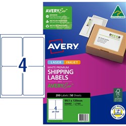 Avery Premium Shipping Labels White Laser Inkjet AveryEco L7169 99.1x139mm 4UP 200 Lab