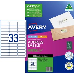 Avery Premium Address Labels White Laser Inkjet AveryEco L7157 64x24.3mm 33UP 1650 Lab
