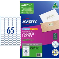 Avery Premium Address Labels White Laser Inkjet AveryEco L7651 38.1x21.2mm 65UP 1300 Lb