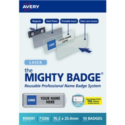 Avery Mighty Badge  System For Laser Printer 71206 76.2 x 25.4mm Set Of 10 Silver