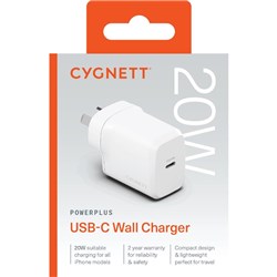 Cygnett PowerPlus 20W USB-C Fast Wall Charger White 
