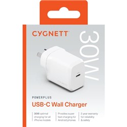 Cygnett PowerPlus 30W GaN USB-C Fast Wall Charger White 