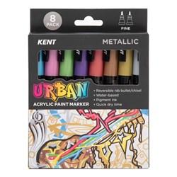 Kent Urban Paint Markers Fine 3mm Dual Nib Metallic Assorted Pack Of 8