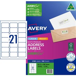 Avery Premium Address Labels White Laser Inkjet AveryEco L7160 63.5x38.1mm 21UP 2100 Lb