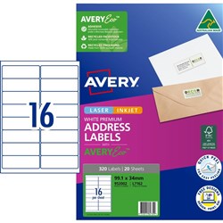 Avery Premium Address Labels White Laser Inkjet AveryEco L7162 99.1 x 34mm 16UP 320 Lab